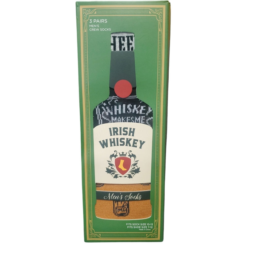 Men's Irish Whiskey 3 Pack Crew Socks Gift Box Shoe Size 7-12 NIB